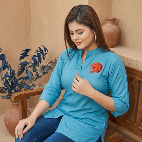 Sky_Blue_Rayon_Broach_Embroidery__Summer_Wear_Shirt_For_Women