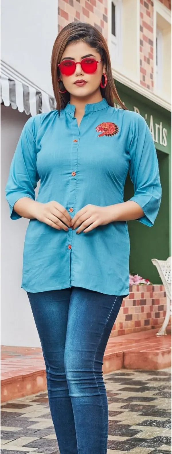 Sky_Blue_Rayon_Broach_Embroidery__Summer_Wear_Shirt_For_Women