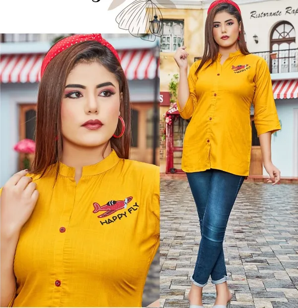 Yellow_Rayon_Broach_Embroidery__Summer_Wear_Shirt_For_Women
