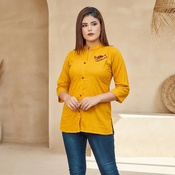 Yellow_Rayon_Broach_Embroidery__Summer_Wear_Shirt_For_Women