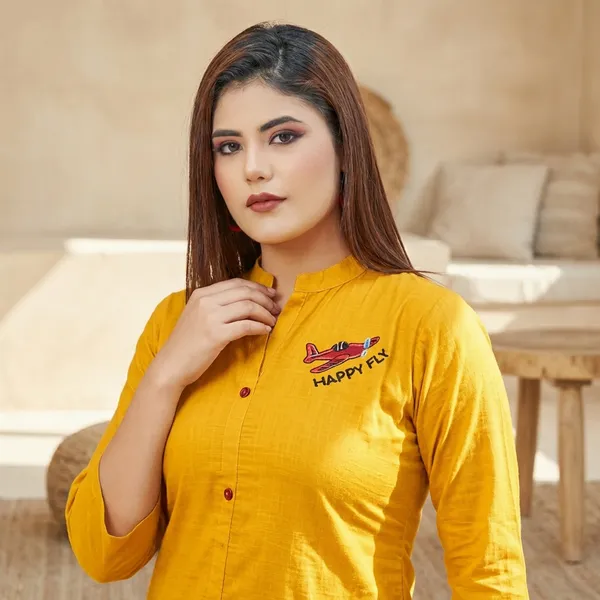 Yellow_Rayon_Broach_Embroidery__Summer_Wear_Shirt_For_Women