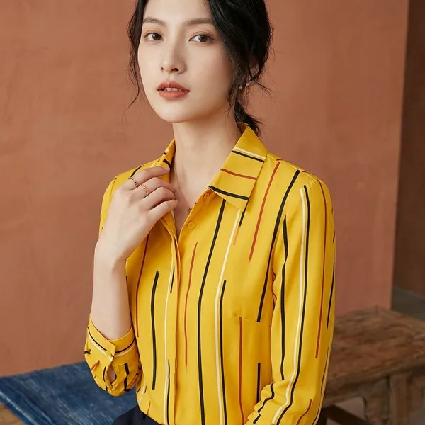 Yellow_Crepe_Striped_Shirt_For_Women