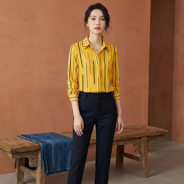 Yellow_Crepe_Striped_Shirt_For_Women