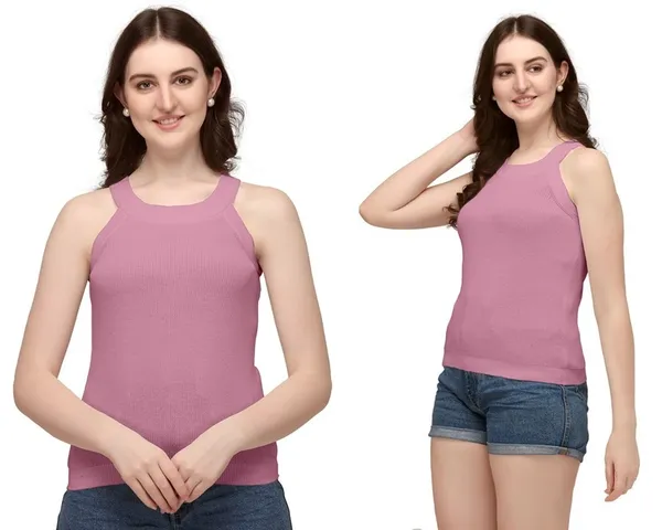 Pink_Cotton_Wool_Stretchable_Halter_Neck_Top_For_Women
