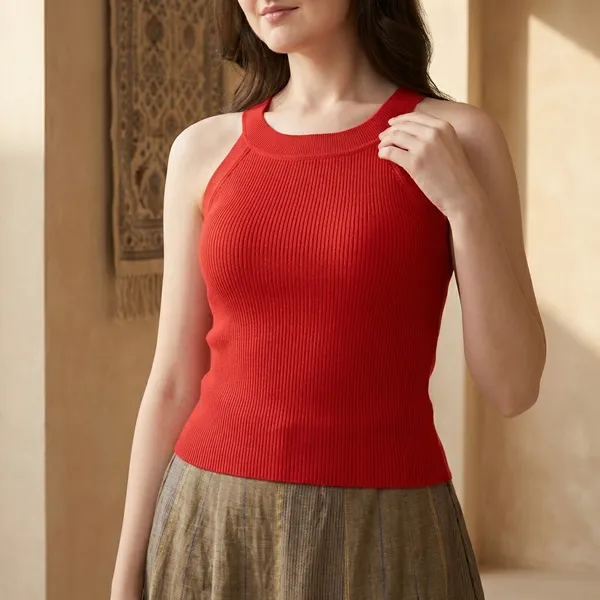 Red_Cotton_Wool_Stretchable_Halter_Neck__Summer_Wear_Top_For_Women