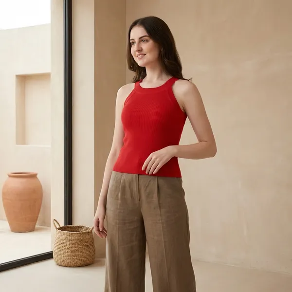 Red_Cotton_Wool_Stretchable_Halter_Neck__Summer_Wear_Top_For_Women