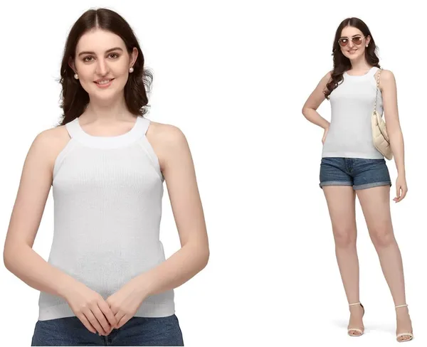 White_Cotton_Wool_Stretchable_Halter_Neck__Summer_Wear_Top_For_Women