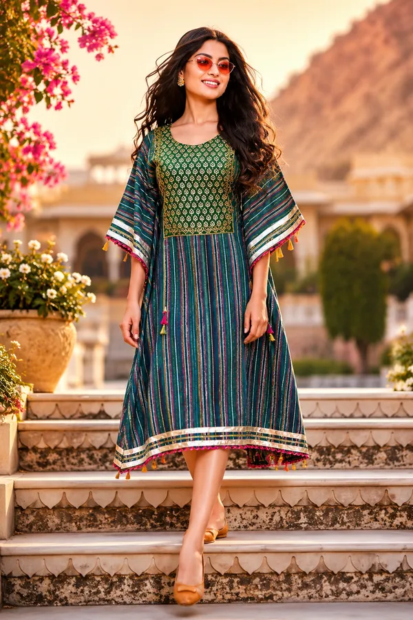 Printed_With_Gotapatti_Kaftan_-_Dark_Green_Stripes_