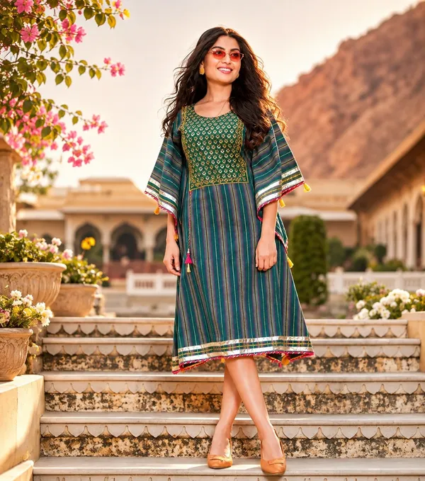 Printed_With_Gotapatti_Kaftan_-_Dark_Green_Stripes_