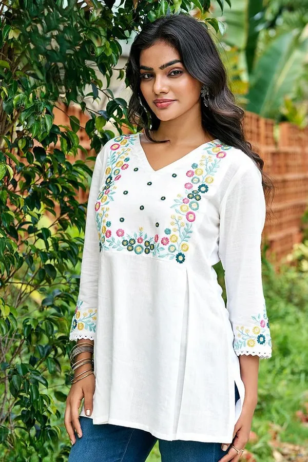 White_Cotton_Branded_Short_Kurti_For_Women