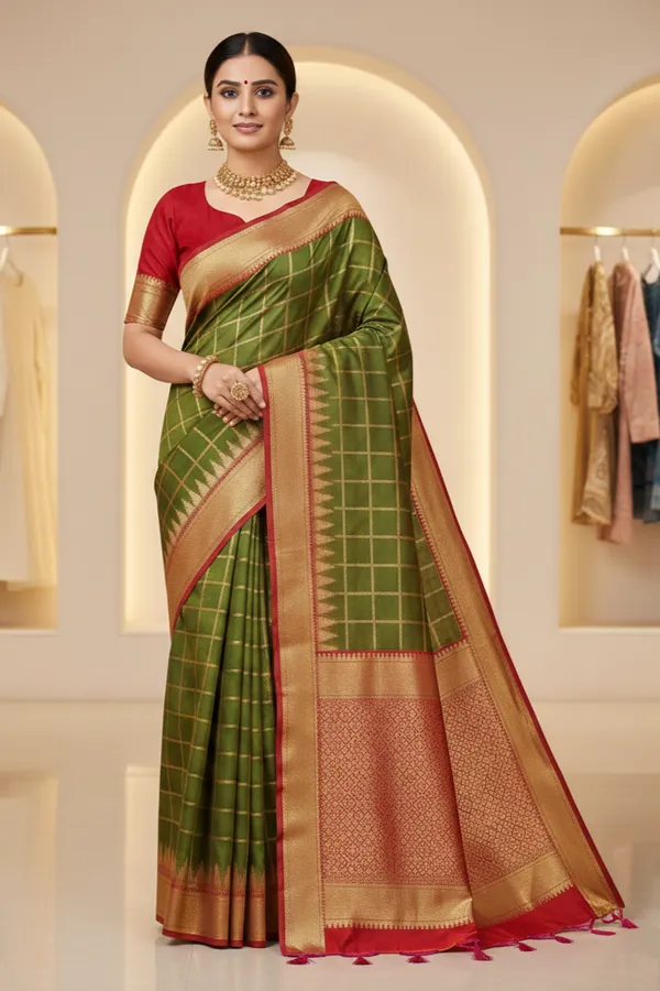 Olive_And_Red_Pure_Irkal_Check_Saree_For_Women