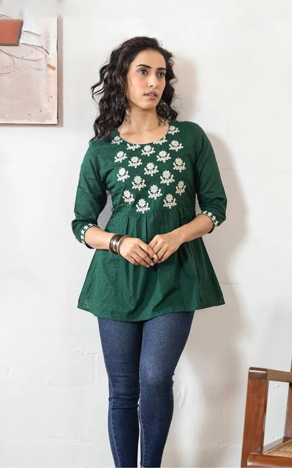 Dark_Green_Cotton_Branded_Short_Kurti_For_Women