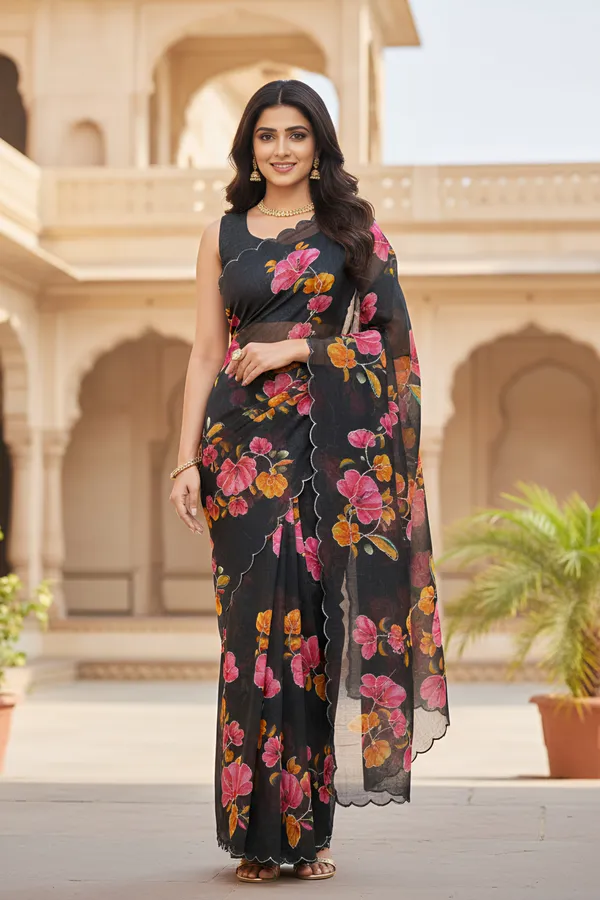 Elegant_Black_Cotton_Nimjari_Saree_with_Floral_Print