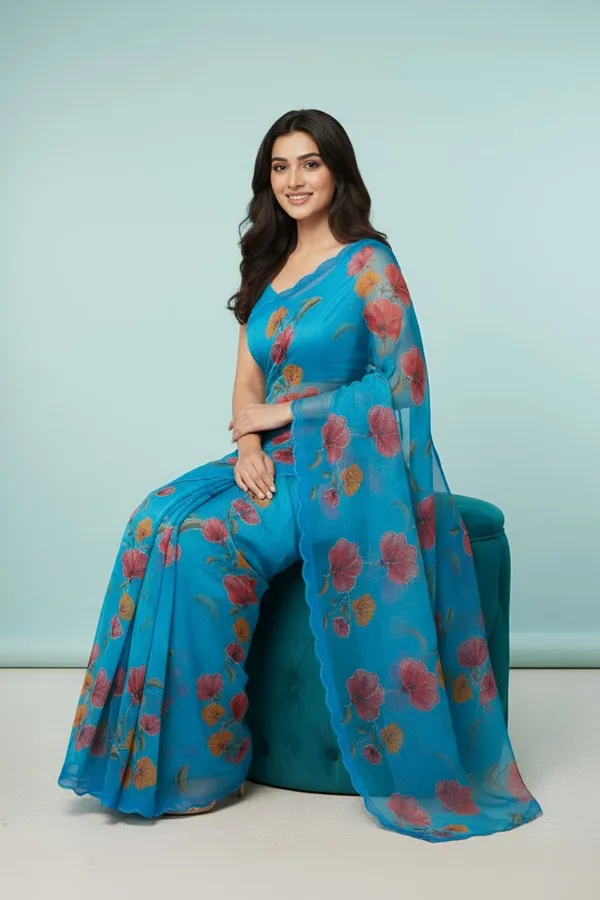 Elegant_Sky_Blue_Nimjari_Cotton_Saree_with_Floral_Print