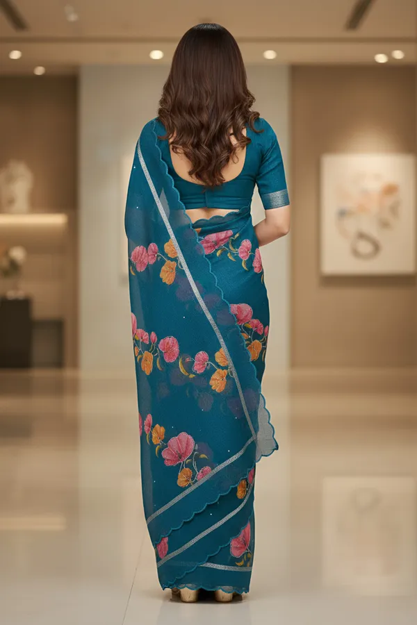 Elegant_Navy_Blue_Nimjari__Cotton_Saree_with_Floral_Print