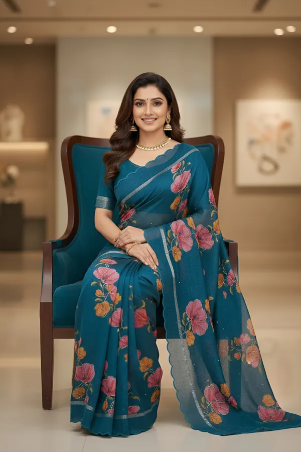 Elegant_Navy_Blue_Nimjari__Cotton_Saree_with_Floral_Print
