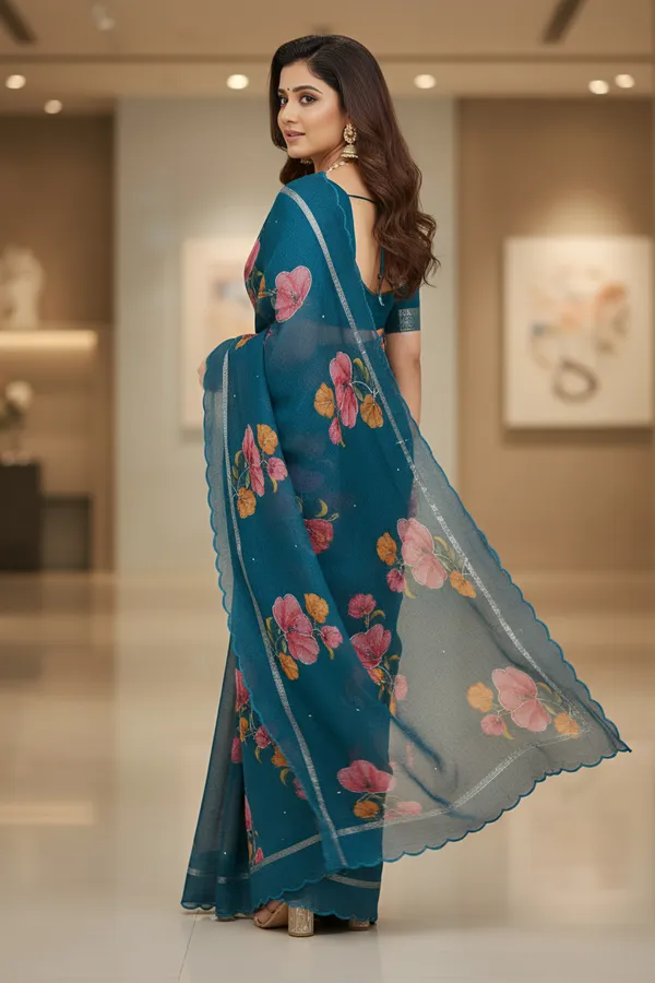 Elegant_Navy_Blue_Nimjari__Cotton_Saree_with_Floral_Print