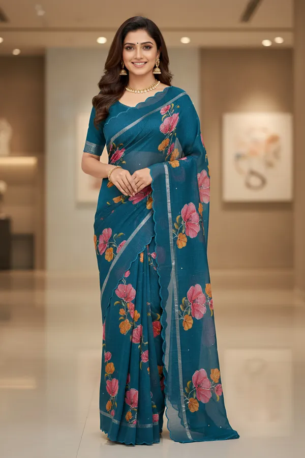 Elegant_Navy_Blue_Nimjari__Cotton_Saree_with_Floral_Print