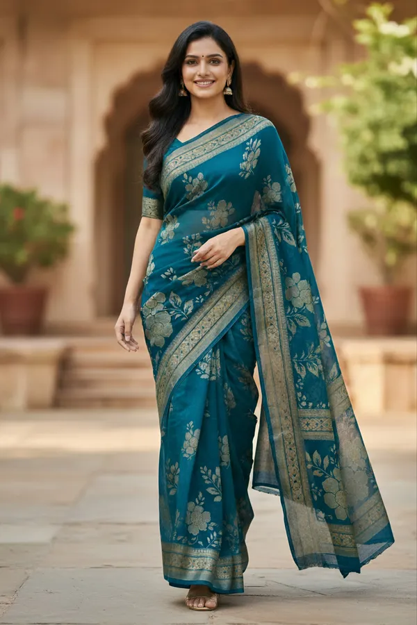 Elegant_Teal_Floral_Zari_Border_Saree