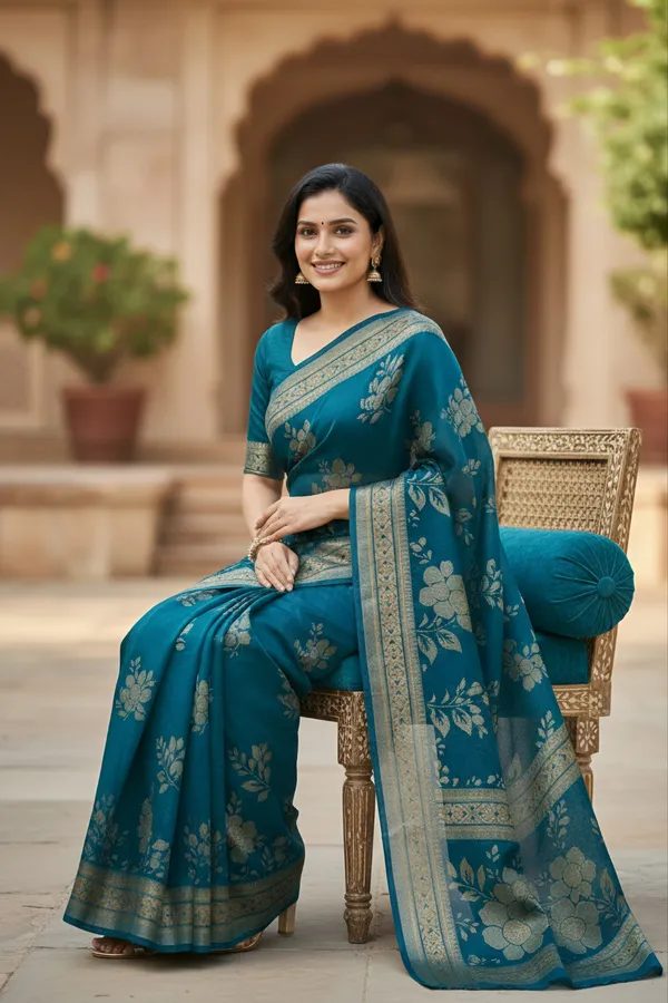 Elegant_Teal_Floral_Zari_Border_Saree