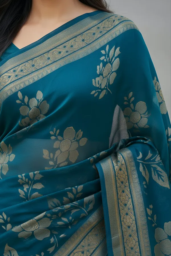 Elegant_Teal_Floral_Zari_Border_Saree
