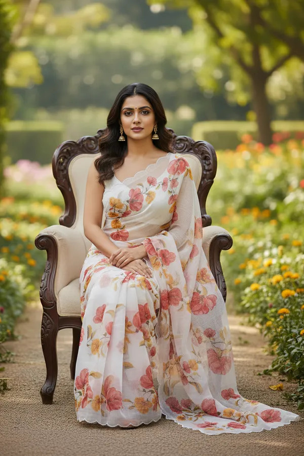 Elegant_White_Cotton_Nimjari_Saree_with_Floral_Print