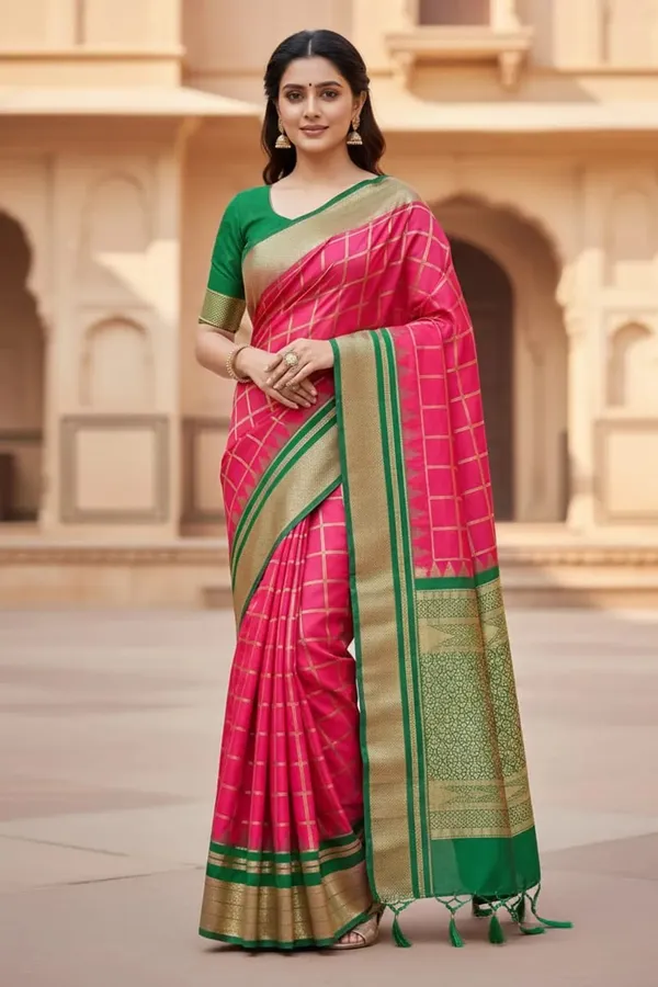 Pink_Pure_Irkal_Check_Saree_For_Women