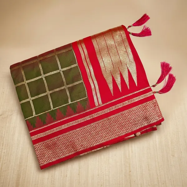 Olive_And_Red_Pure_Irkal_Check_Saree_For_Women