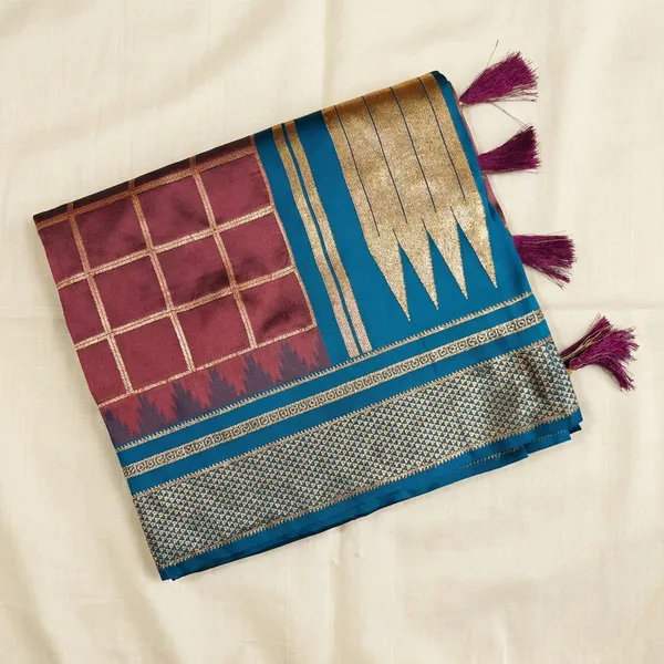 Brown_And_Blue_Pure_Irkal_Check_Saree_For_Women