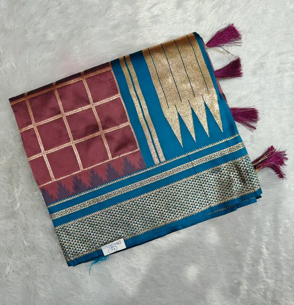 Brown_And_Blue_Pure_Irkal_Check_Saree_For_Women