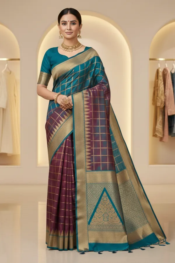 Brown_And_Blue_Pure_Irkal_Check_Saree_For_Women