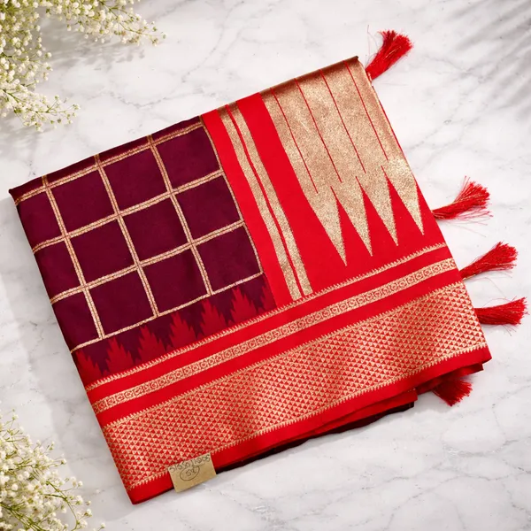 Maroon_And_Red_Pure_Irkal_Check_Saree_For_Women