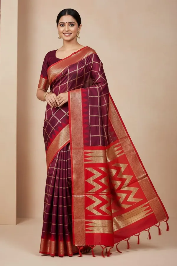 Maroon_And_Red_Pure_Irkal_Check_Saree_For_Women