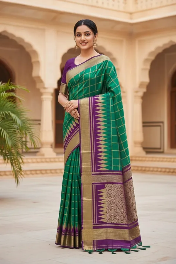 Green_And_Purple_Pure_Irkal_Check_Saree_For_Women