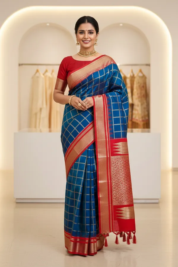 Blue_And_Red_Pure_Irkal_Check_Saree_For_Women