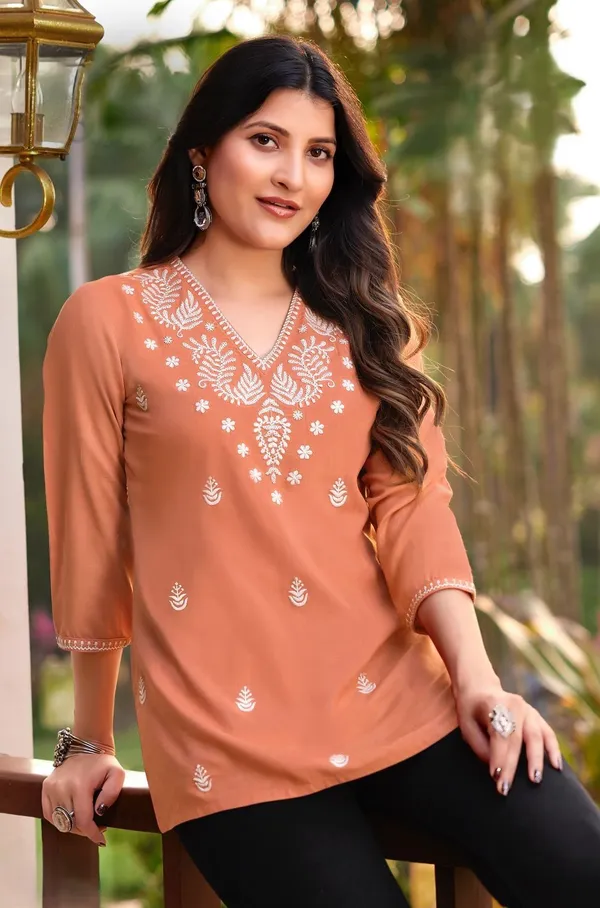 Peach_Cotton_Branded_Short_Kurti_For_Women