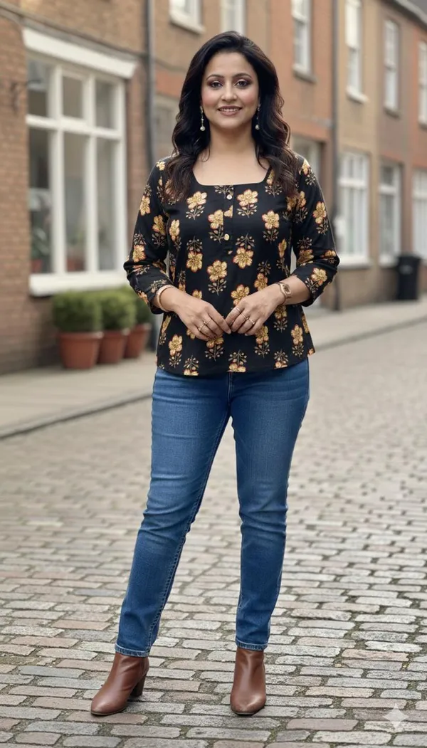 Black_Flowered_Cotton_Short_Kurti_For_Women