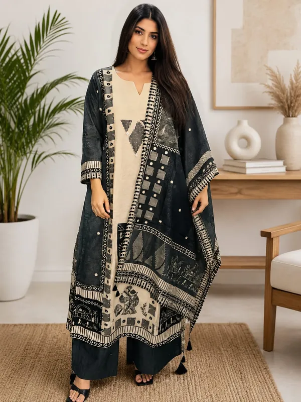 Black_&_Cream__Khaadi_Cottan_Kurta_Pant_Set_