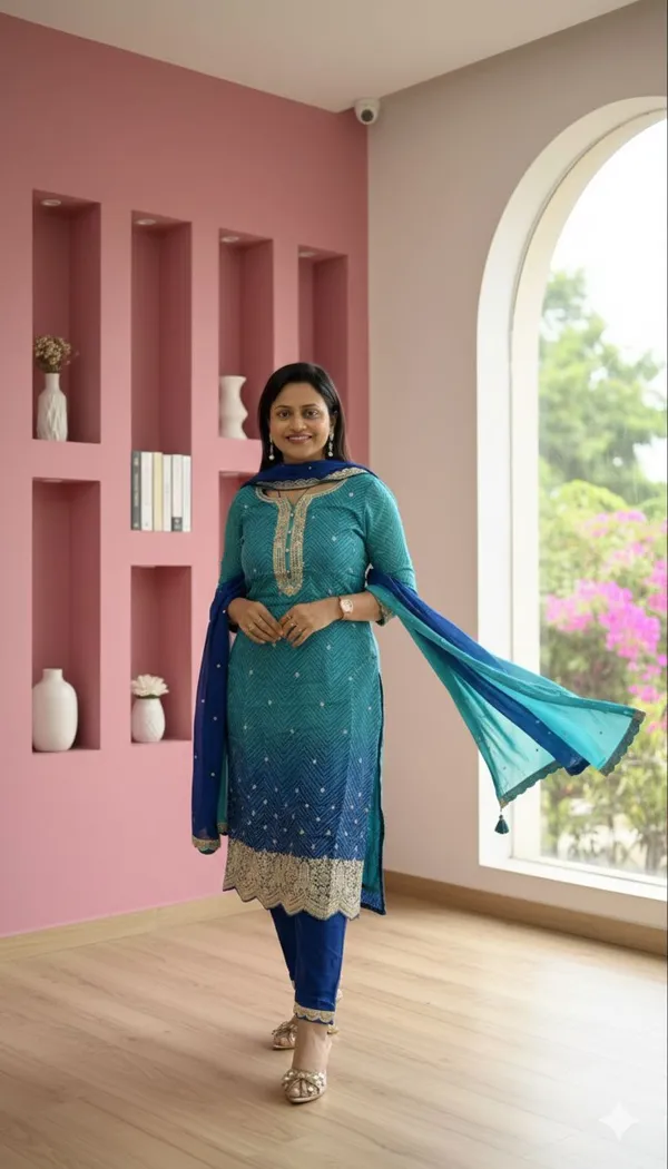 Blue_Festive_Bandhani_Kurta_Set_For_Women
