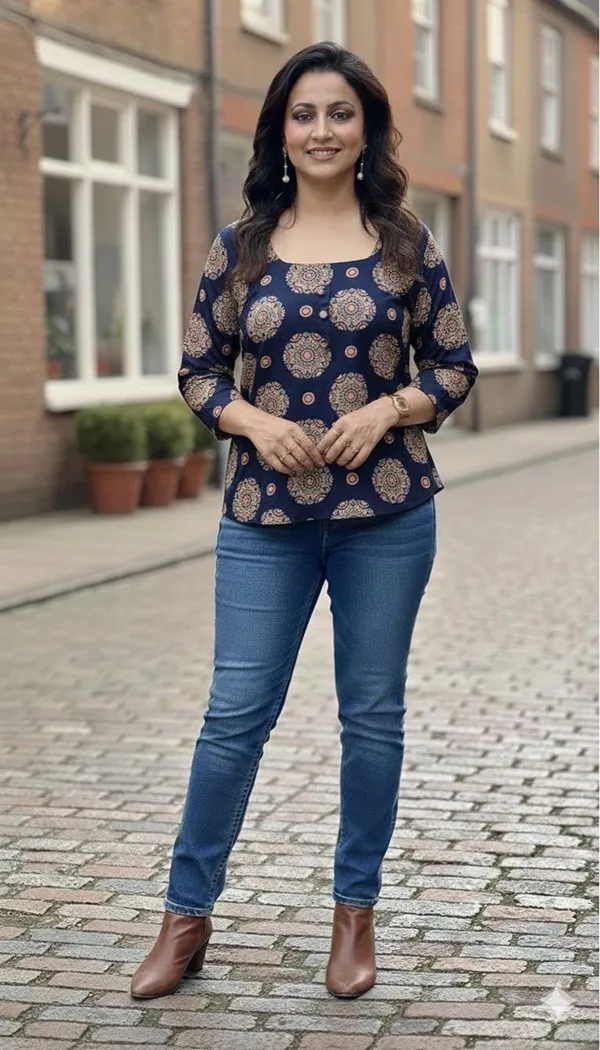 Blue_Printed_Kurti_With_Backside_Knot_For_Women