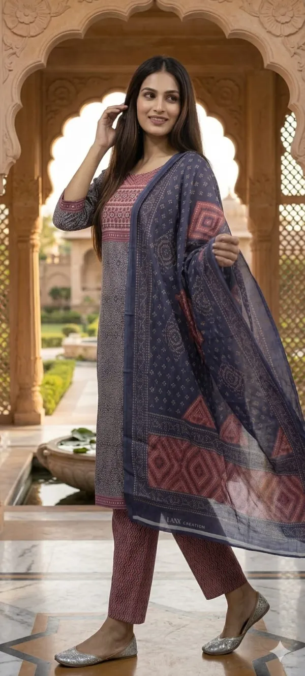 Blue_&_Grey_Printed_Cotton_Kurta_Set