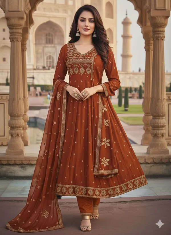 Brown_Cotton_Anarkali_Kurta_Set_For_Women