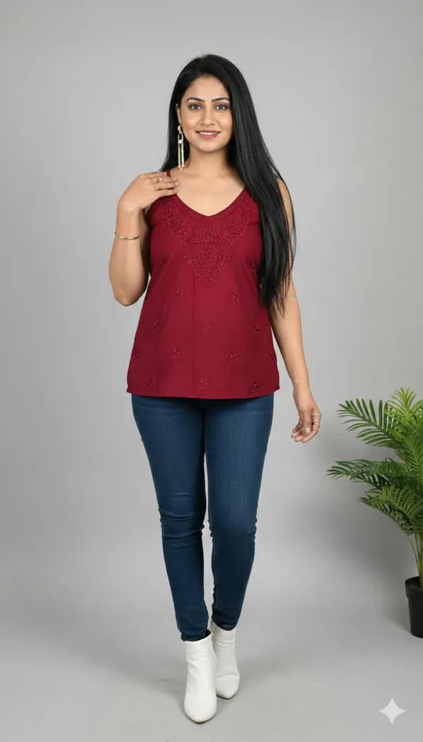 Maroon_Sleeveless_Lucknowi_Short_Kurti_For_Women