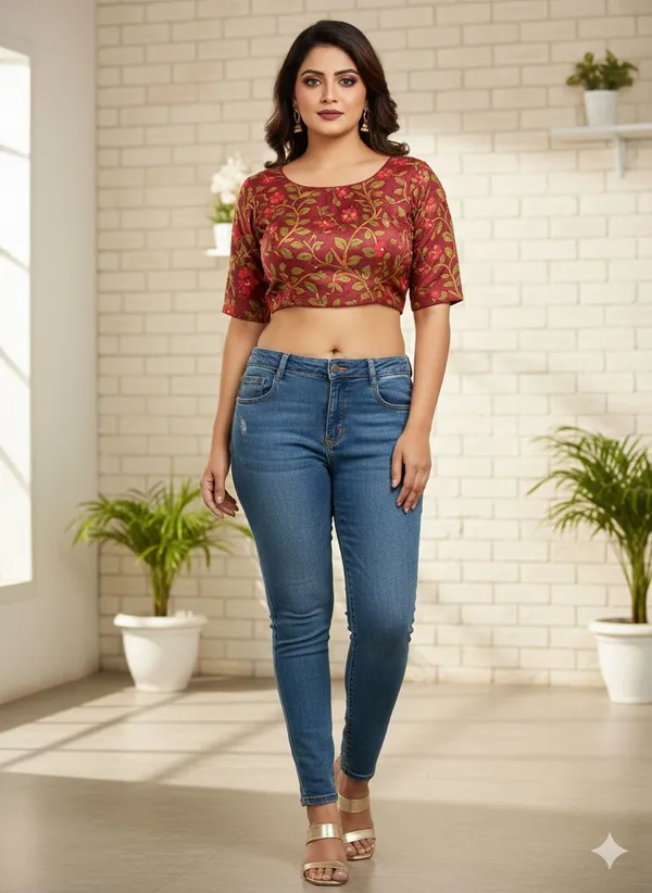 Brown_Cotton_Printed_Fancy_Readymade_Blouse_For_Women