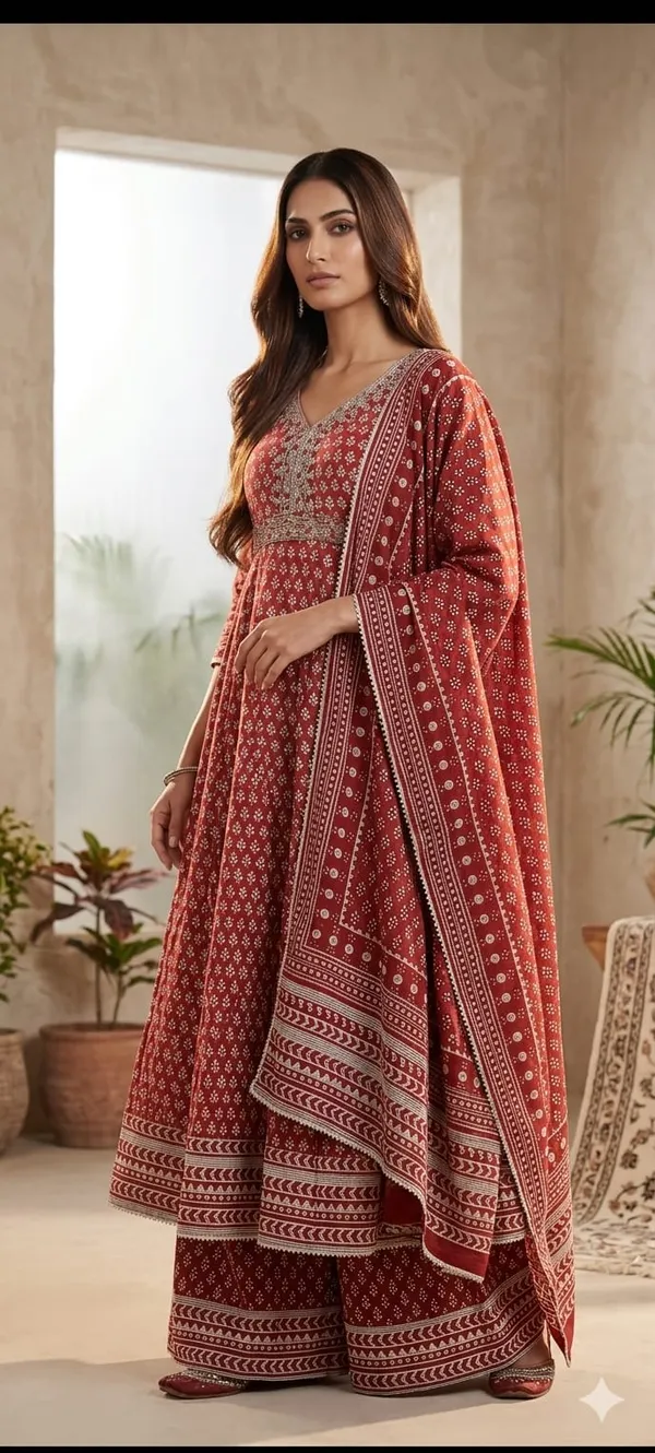 Red_Printed_Cotton_Kurta_Set_
