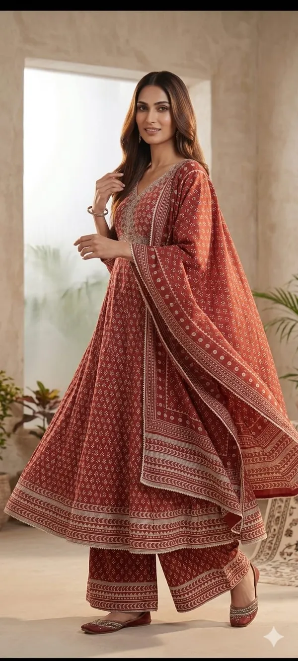 Red_Printed_Cotton_Kurta_Set_