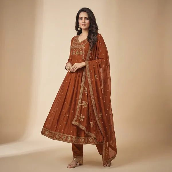 Brown_Cotton_Anarkali_Kurta_Set_For_Women