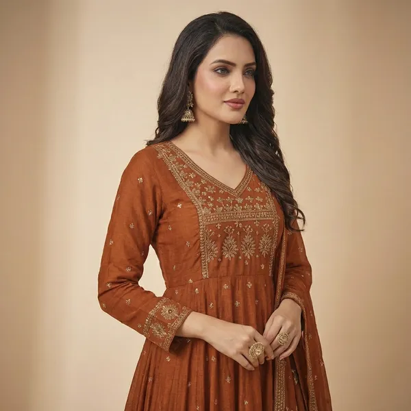 Brown_Cotton_Anarkali_Kurta_Set_For_Women