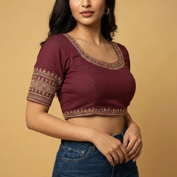 Wine_Embroidery_Readymade_Blouse_For_Women