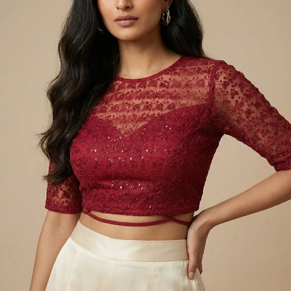 Red_Netted_Readymade_Blouse_For_Women